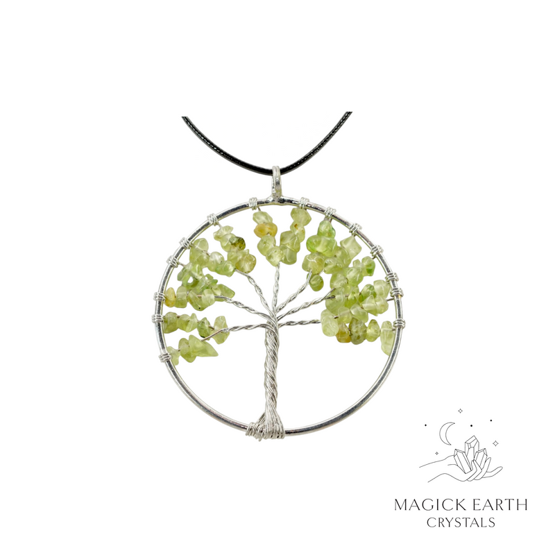 Peridot Crystal chip tree of life pendant with platinum finish