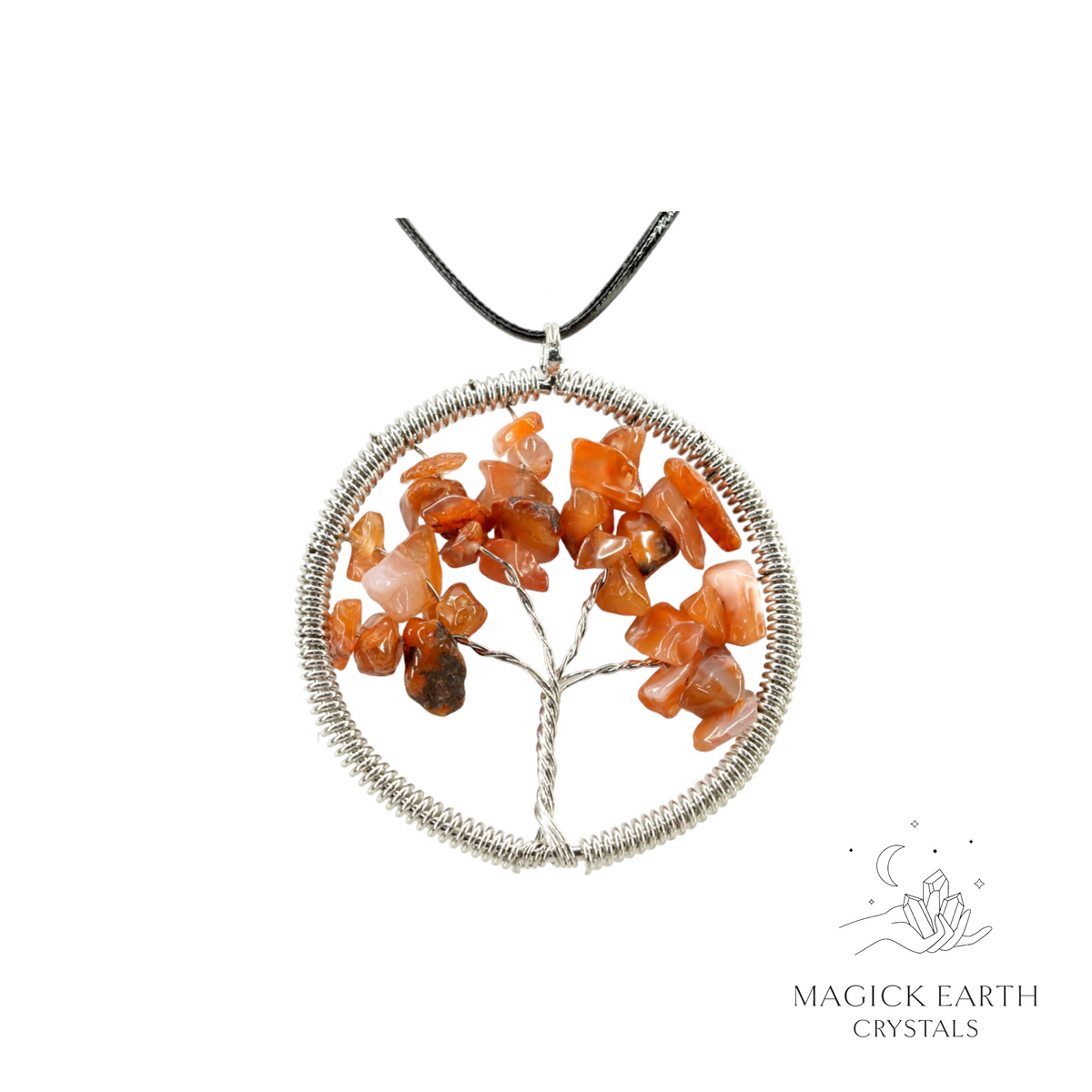 Red Agate crystal chip tree of life pendant with platinum finish