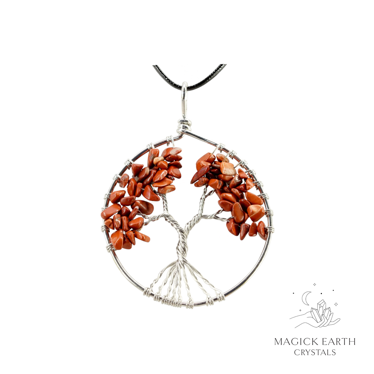 Red jasper crystal chip tree of life pendant with platinum finish