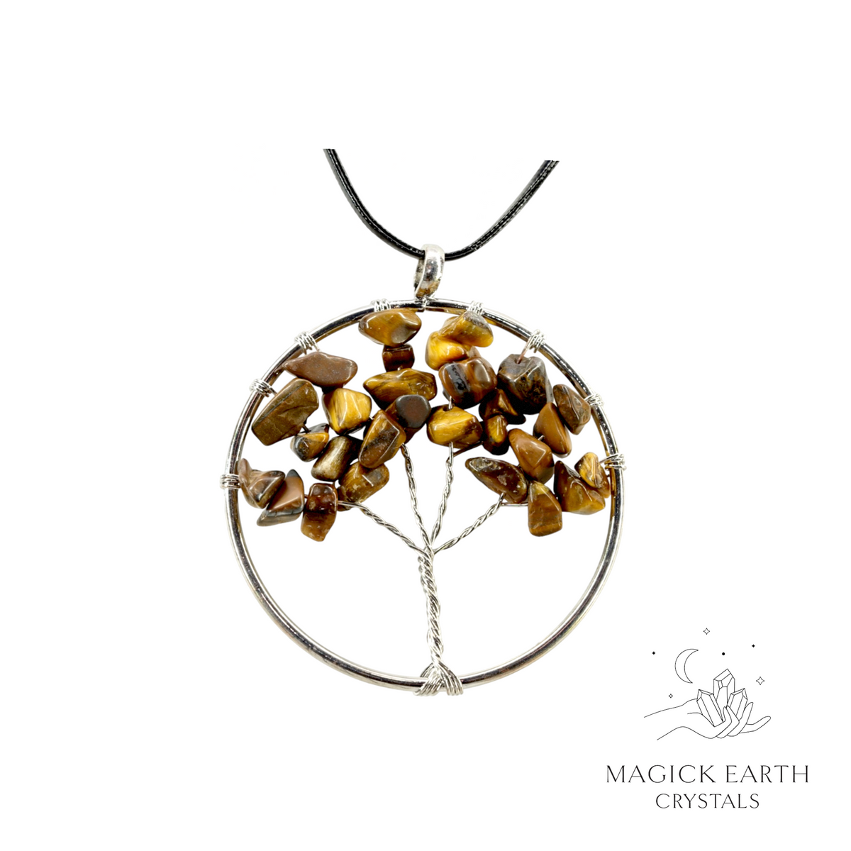 Tiger Eye Crystal Chip tree of life pendant with platinum finish