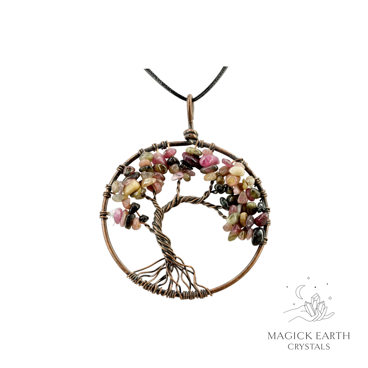 Tourmaline crystal chip tree of life pendant with copper finish