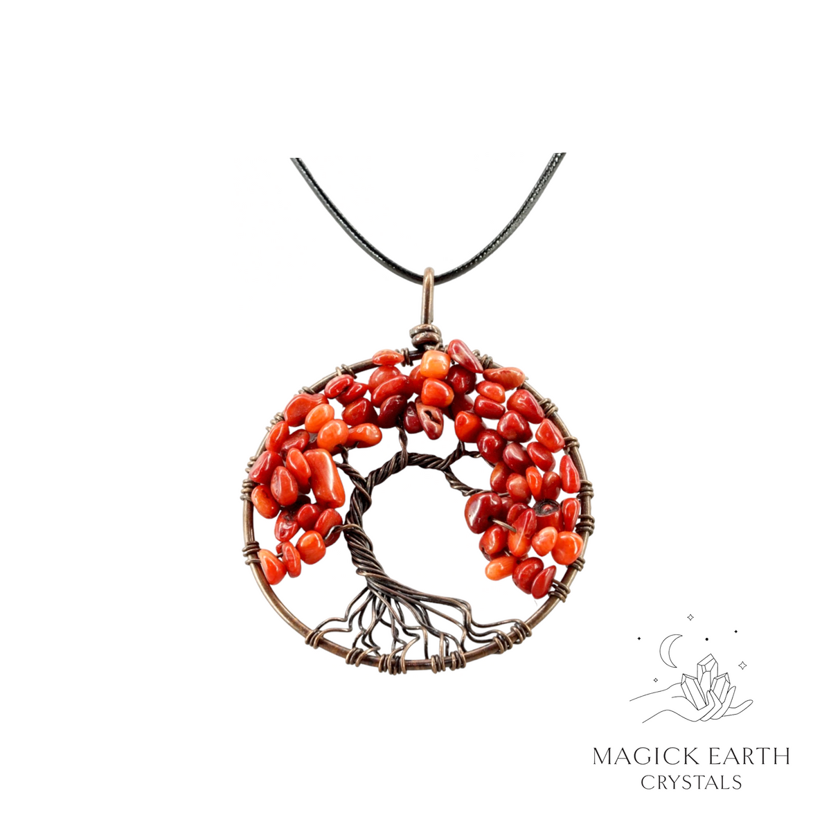 Coral (Dyed) crystal chip tree of life pendant with copper finish