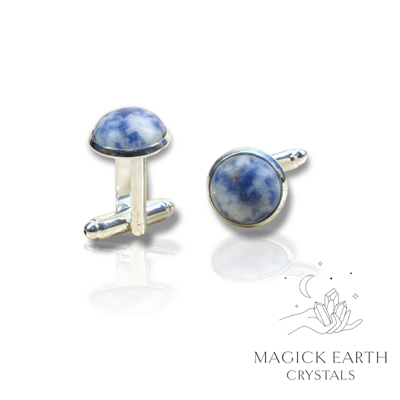 Blue Spot Jasper Crystal Gemstone Cabochon Cufflinks With Silver Finish