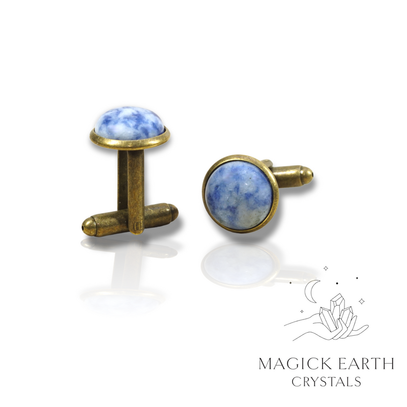 Blue Spot Jasper Crystal Gemstone Cabochon Cufflinks With Antique Bronze Finish