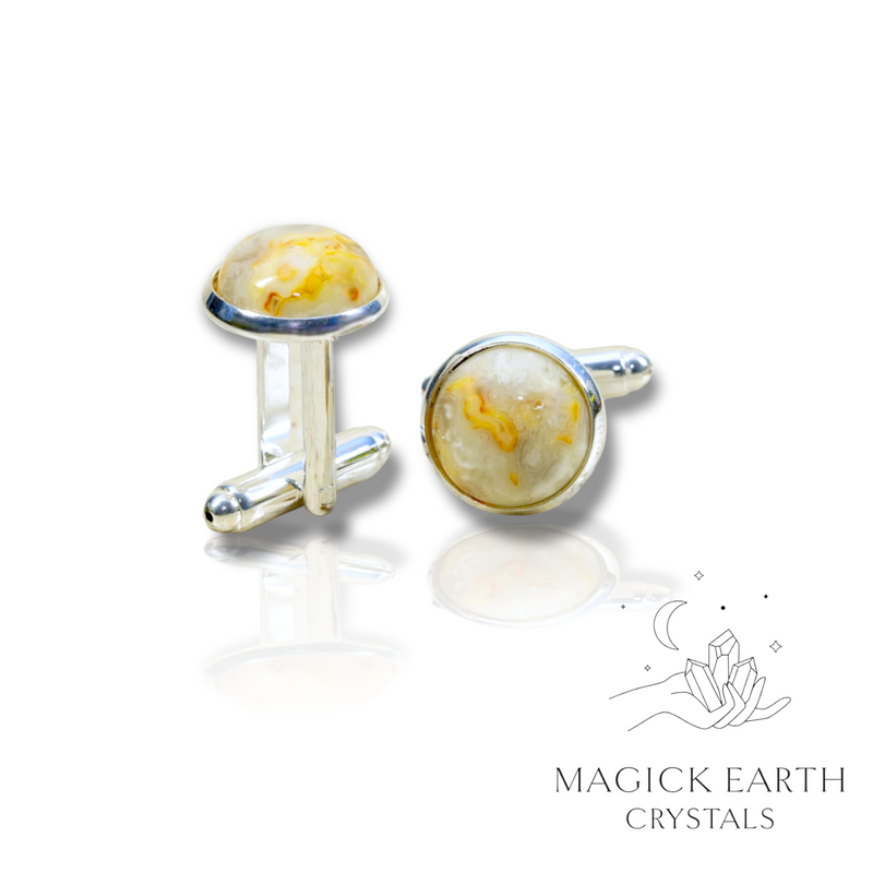 Crazy Agate Crystal Gemstone Cabochon Cufflinks With Silver Finish