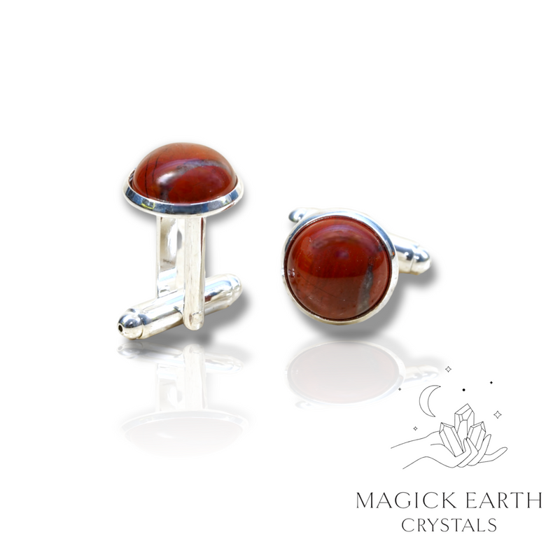 Brecciated Jasper Crystal Gemstone Cabochon Cufflinks With Silver Finish