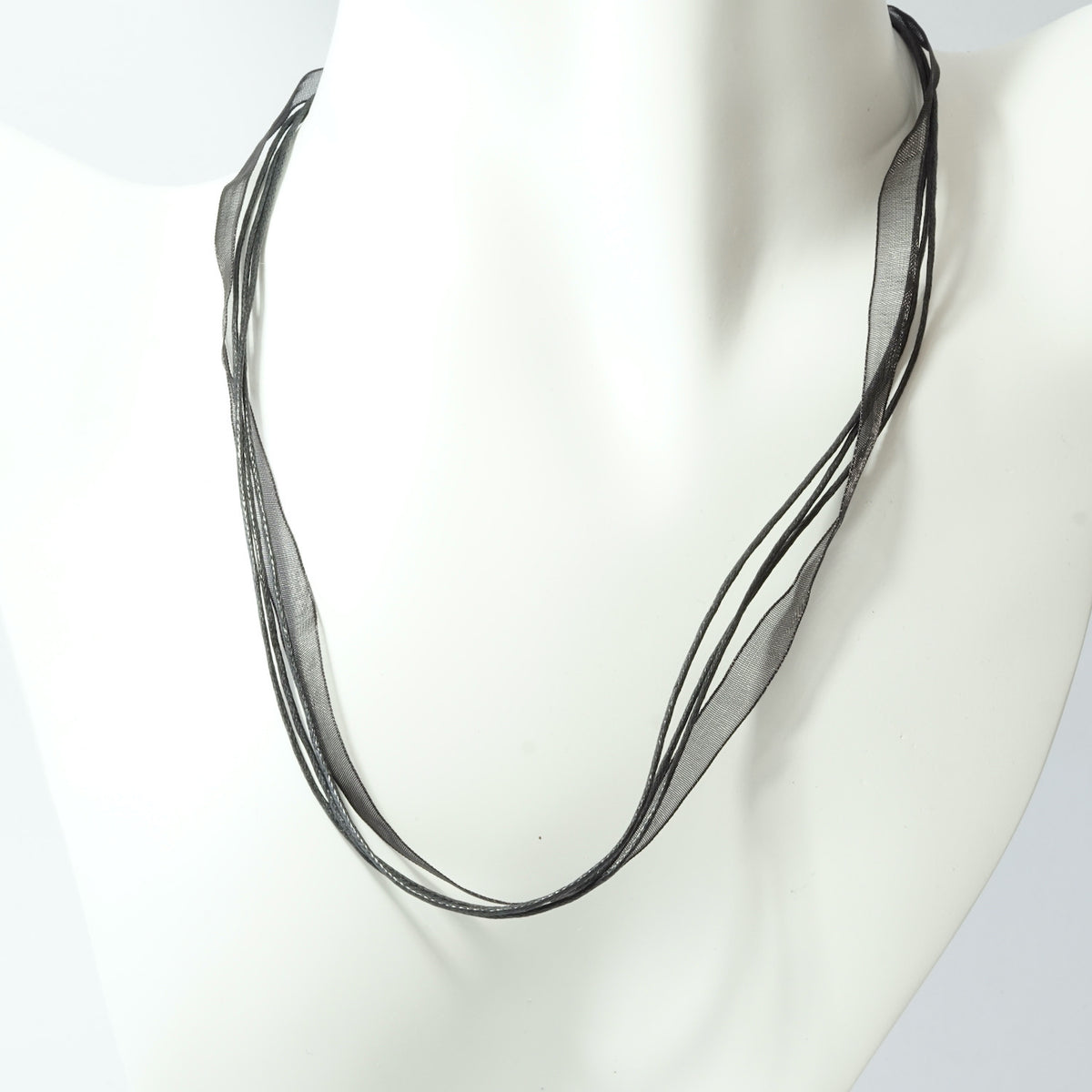 Waxed Cotton Cord and Sheer Ribbon Necklace with Platinum Findings Black