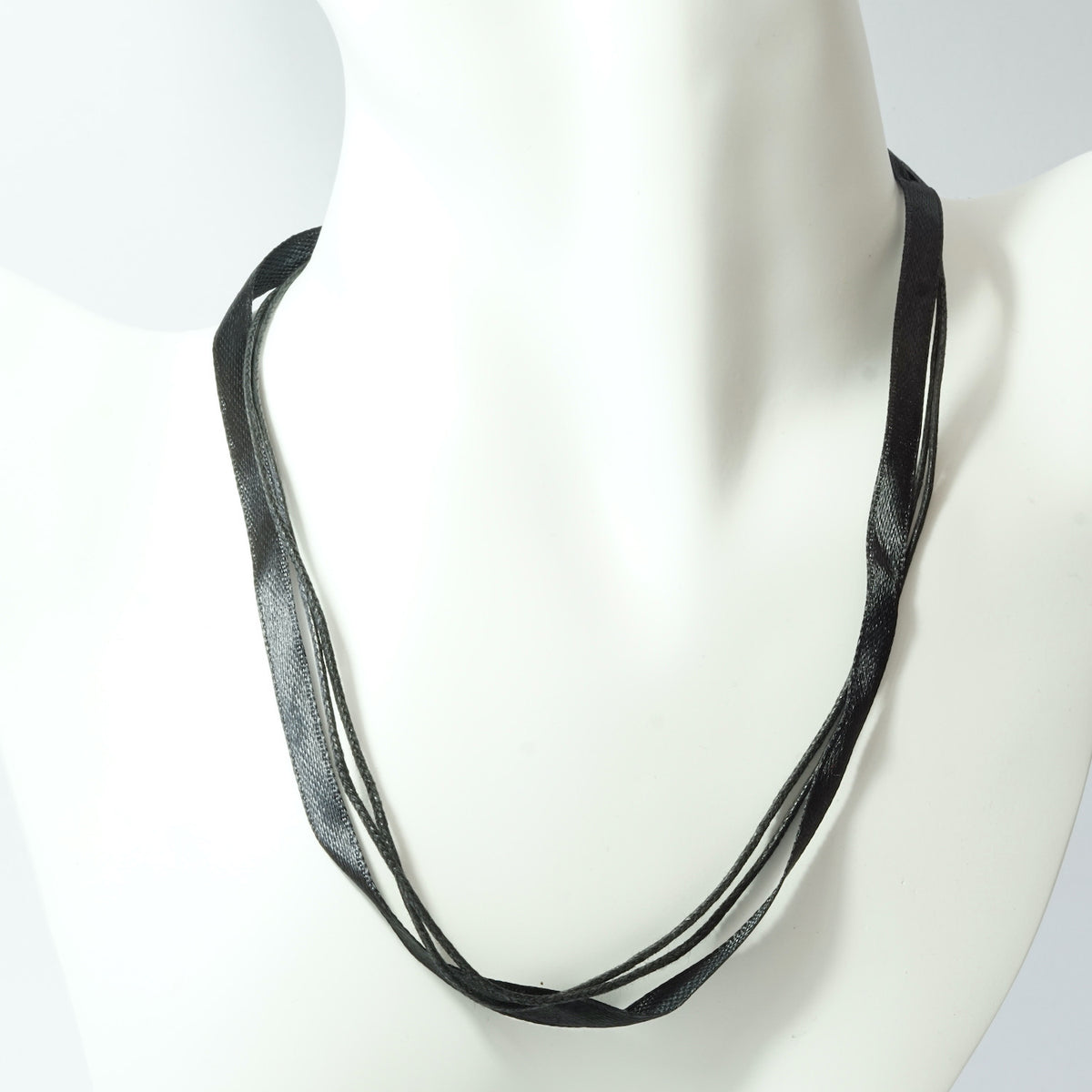 Waxed Cotton Cord and Ribbon Necklace with Platinum Findings Black