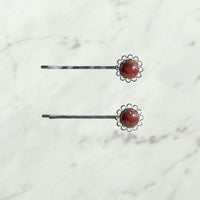 Brecciated Jasper Cabochon Lace Style Bobby Pins with Silver Finish