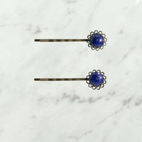 Lapis Lazuli (Dyed) Cabochon Lace Style Bobby Pins with Antique Bronze Finish