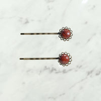 Brecciated Jasper Cabochon Lace Style Bobby Pins with Antique Bronze Finish