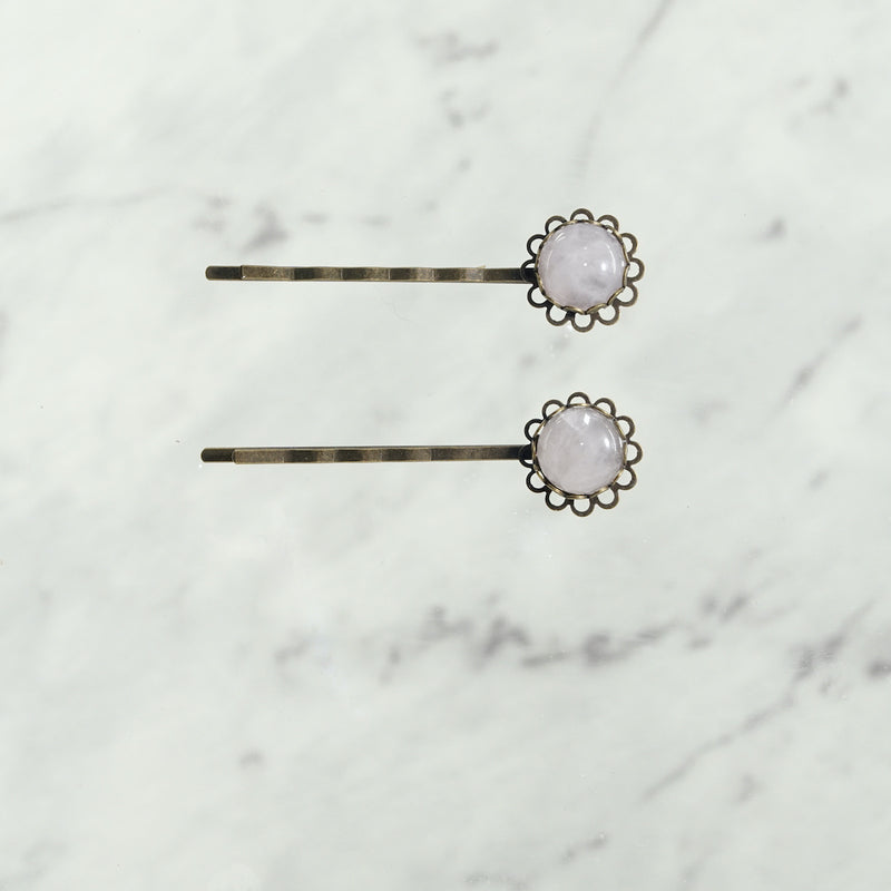 Rose Quartz Cabochon Lace Style Bobby Pins with Antique Bronze Finish