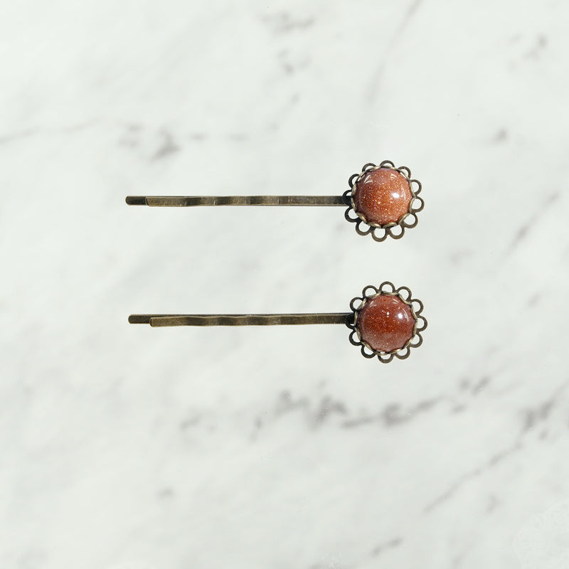 Goldstone Cabochon Lace Style Bobby Pins with Antique Bronze Finish