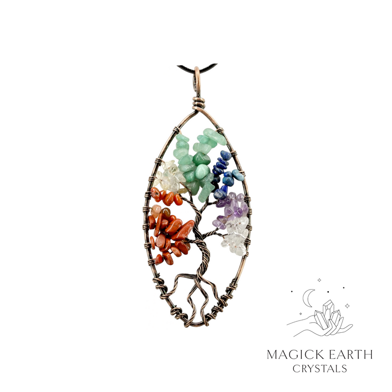 Chakra Mix Crystal Chip Tree of Life Pendant with Copper Finish