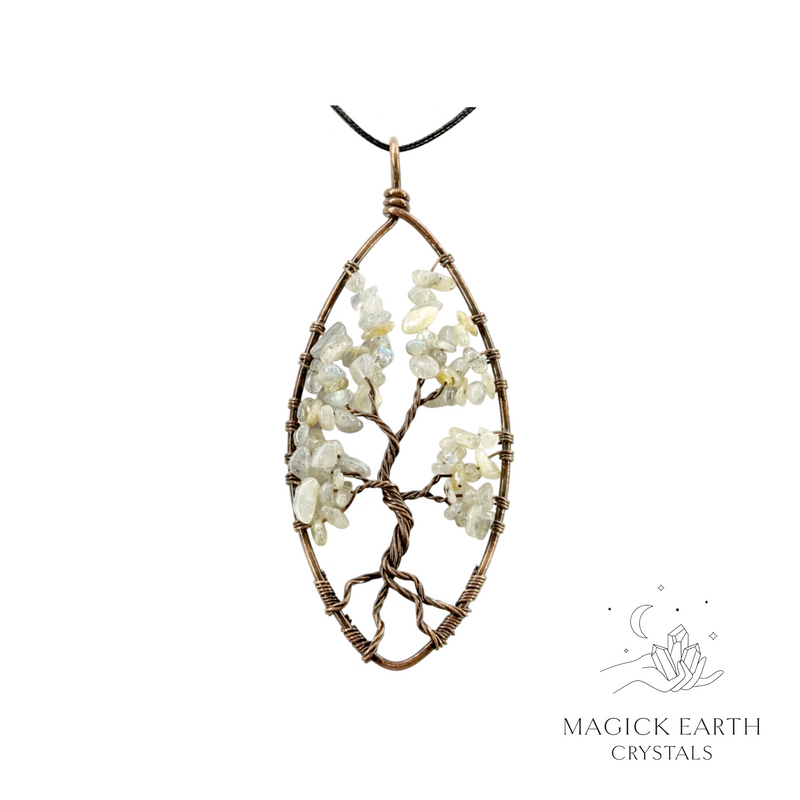 Labradorite crystal chip tree of life pendant with copper finish