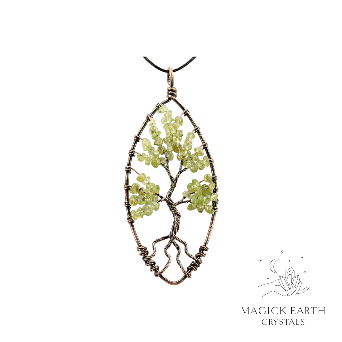 Peridot Crystal chip tree of life pendant with copper finish