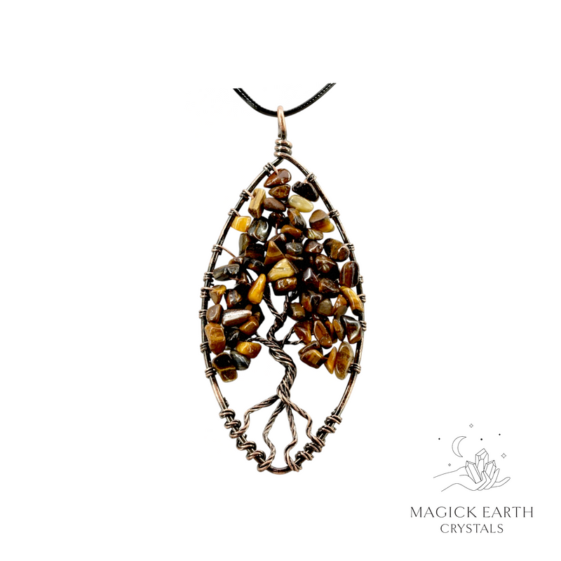 Tiger Eye crystal chip tree of life pendant with copper finish