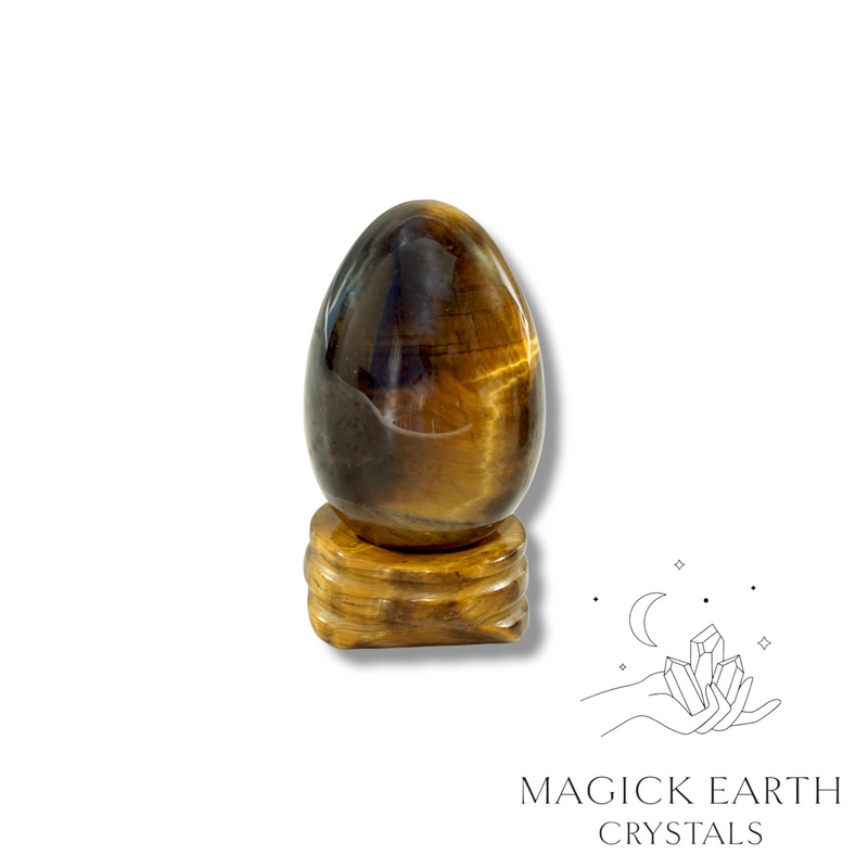 Tiger Eye Crystal Gemstone Egg With Carved Stand