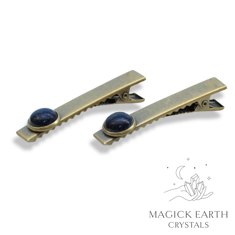 Blue Goldstone Cabochon Alligator Hair Clip with Antique Bronze Finish