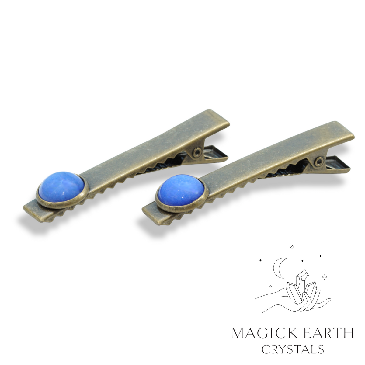 White Jade Blue (Dyed) Cabochon Alligator hair Clips with Antique Bronze Finish  Edit alt text