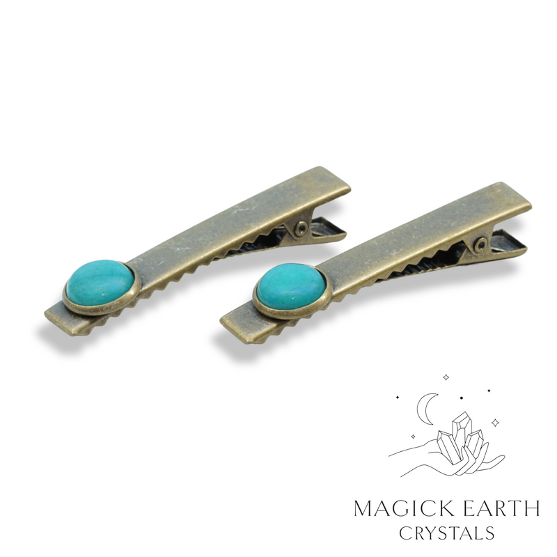 White Jade Teal (Dyed) Cabochon Alligator Hair Clips with Antique Bronze Finish  Edit alt text