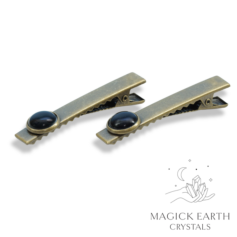  Black Agate Cabochon (Dyed) Alligator Style Hair Clip With Antique Bronze Finish