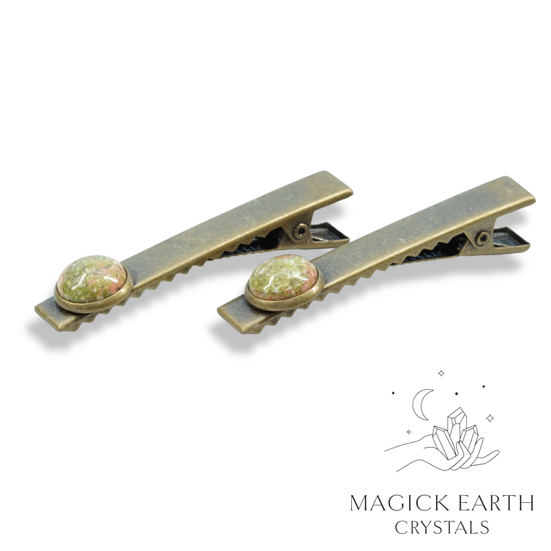 Unakite Cabochon Alligator Hair Clips with Antique Bronze Finish