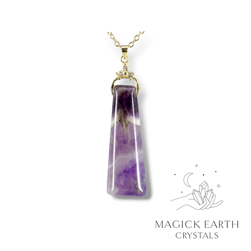 Amethyst Crystal Gemstone Trapezoid Shaped Pendant with Cubic Zirconia Bail and Gold Finish