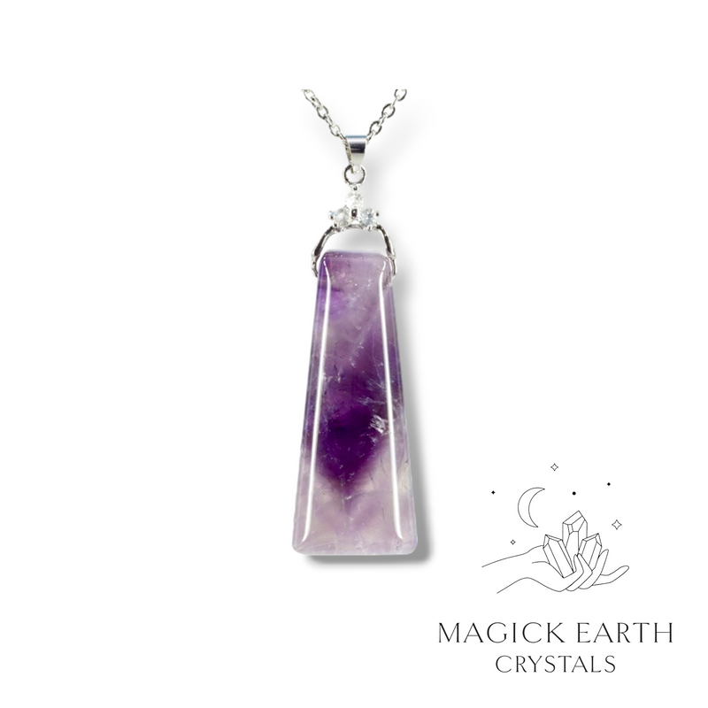 Amethyst Crystal Gemstone Trapezoid Shaped Pendant with Cubic Zirconia Bail and Platinum Finish