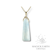 Aquamarine Crystal Gemstone Trapezoid Shaped Pendant with Cubic Zirconia Bail and Gold Finish