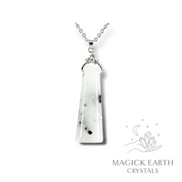 Tourmilated Quartz Crystal Gemstone Trapezoid Shaped Pendant with Cubic Zirconia Bail and Platinum Finish