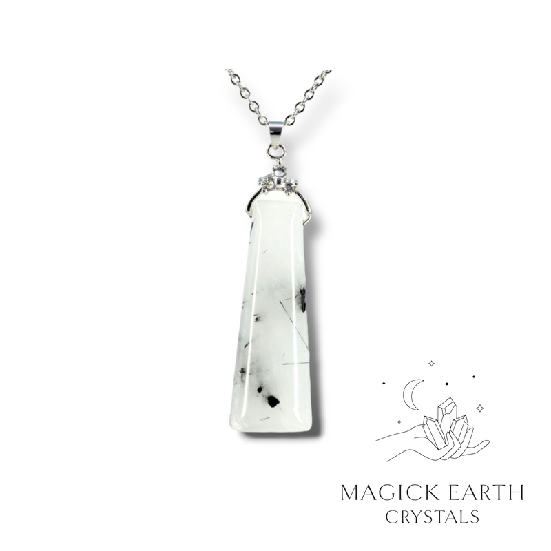 Tourmilated Quartz Crystal Gemstone Trapezoid Shaped Pendant with Cubic Zirconia Bail and Platinum Finish