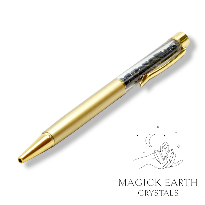 Blue Goldstone and Obsidian Crystal Gemstone Chip Pens with Matte Gold Finish