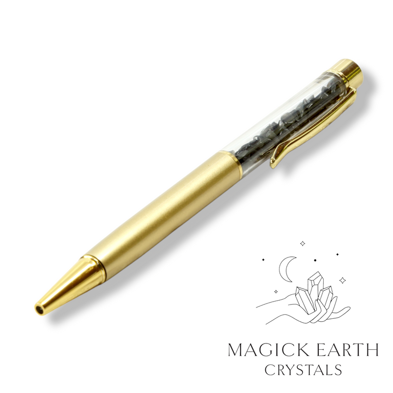 Obsidian Crystal Gemstone Chip Pen Matte Gold Finish