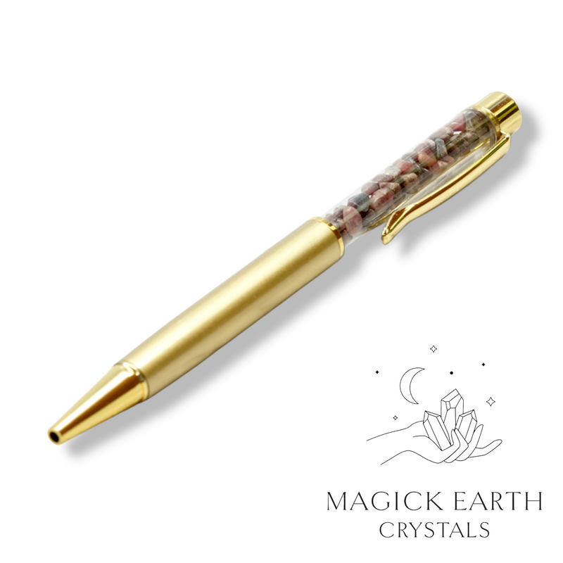 Rhodonite Crystal Gemstone Chip Pens with Matte Gold Finish