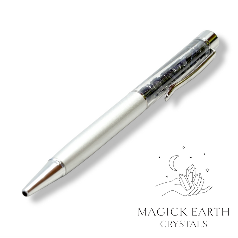 Blue Goldstone and Obsidian Crystal Gemstone Chip Pens with Matte Platinum Finish