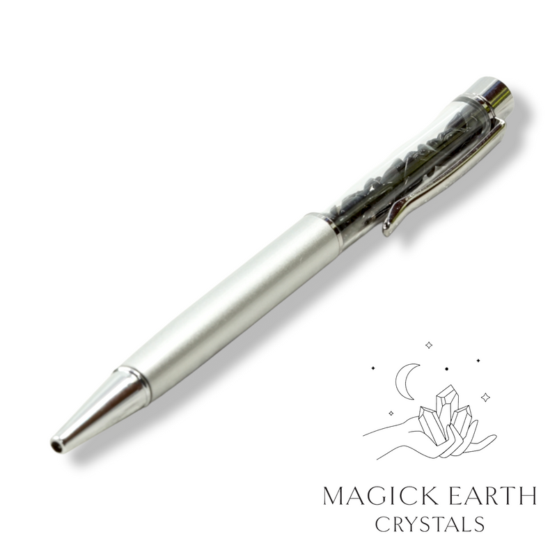 Obsidian Crystal Gemstone Chip Pens Matte Platinum Finish