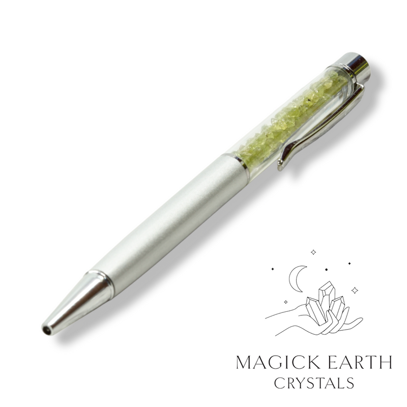 Peridot Crystal Gemstone Chip Pens with Matte Platinum Finish