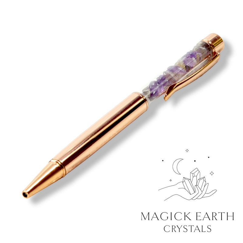 Amethyst Crystal Gemstone Chip Pens with Bright Rose Gold Finish