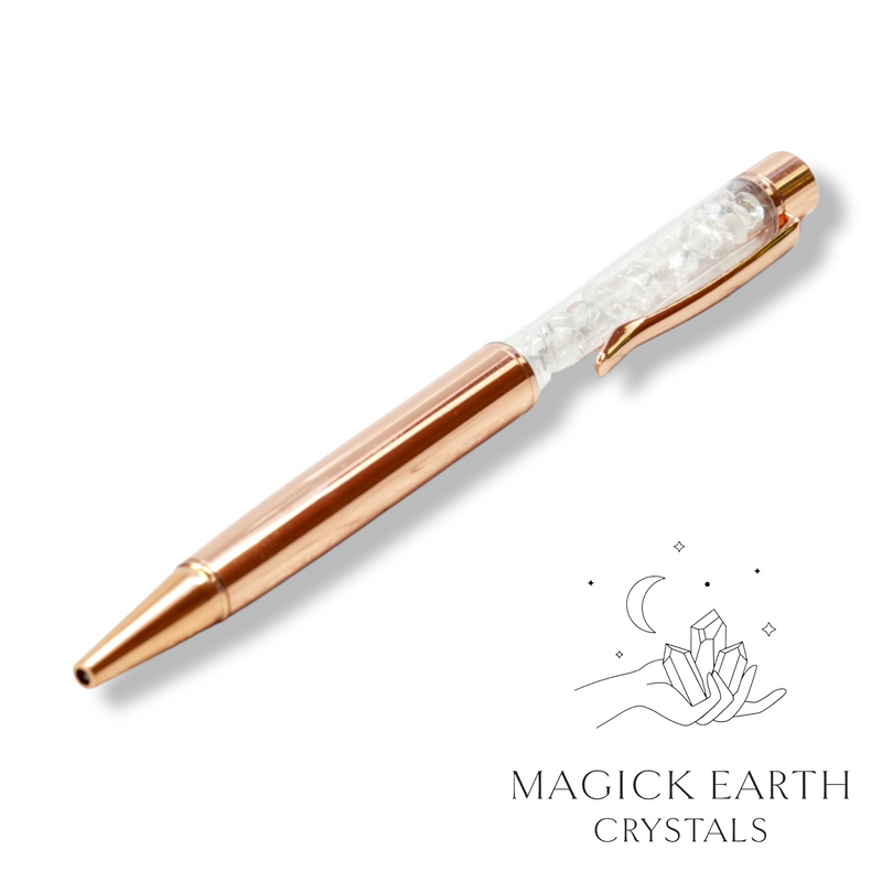 Clear Quartz Crystal Gemstone Chip Pens with Bright Rose Gold Finish