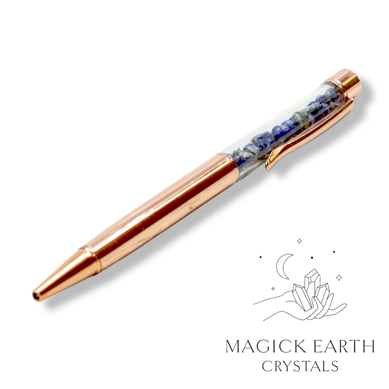 Lapis Lazuli Crystal Gemstone Chip Pens with Bright Rose Gold Finish