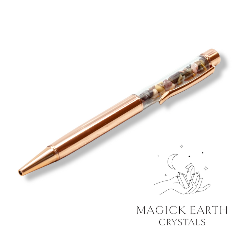 Mookaite Crystal Gemstone Chip Pens with Bright Rose Gold Finish