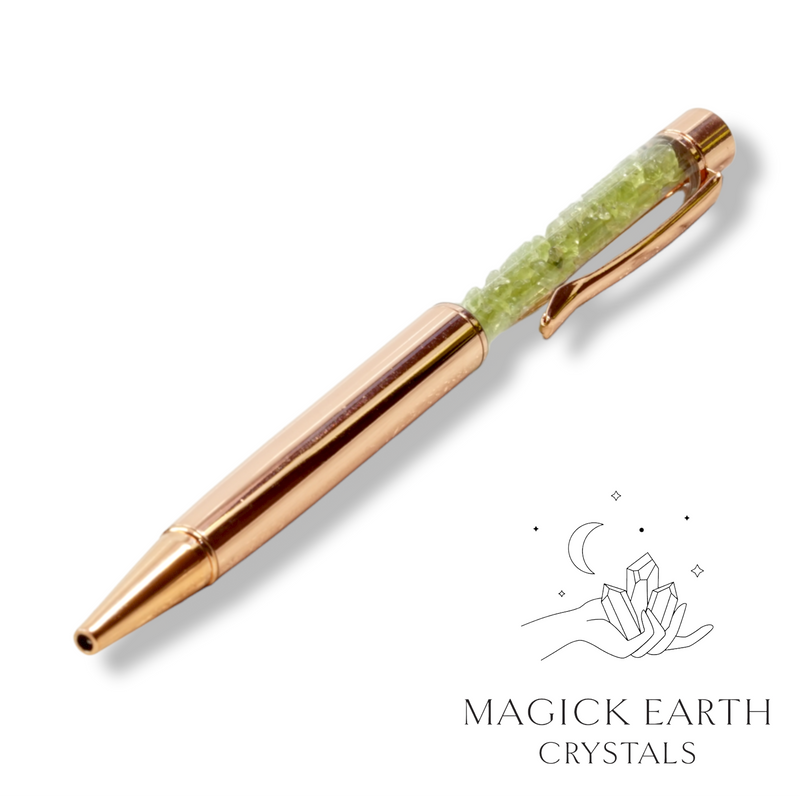 Peridot Crystal Gemstone Chip Pens with Bright Rose Gold Finish