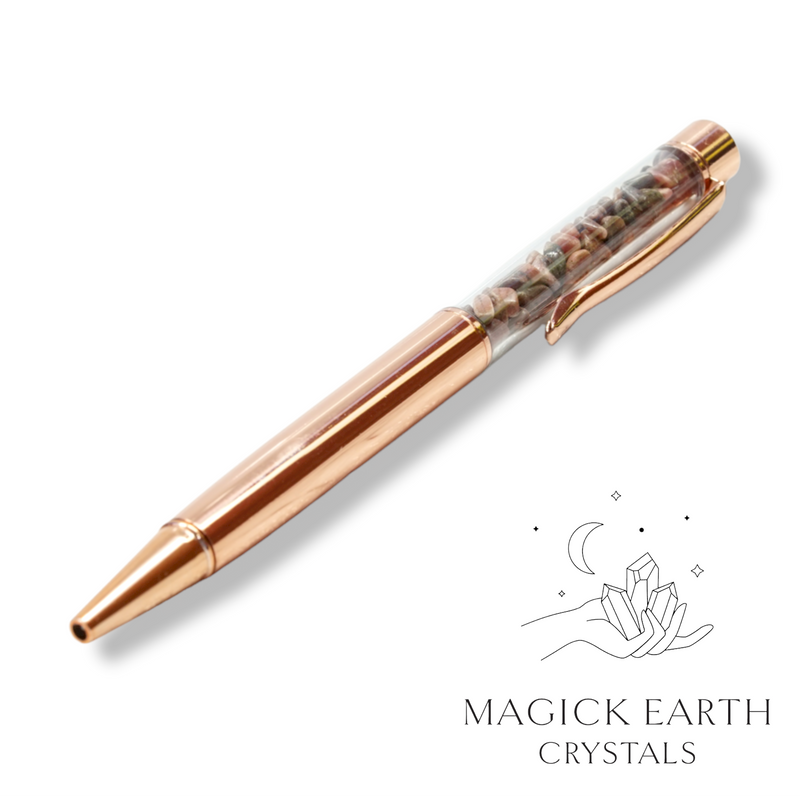 Rhodonite Crystal Gemstone Chip Pens with Bright Rose Gold Finish