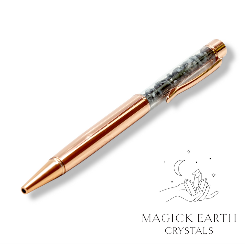 Snowflake Obsidian Crystal Gemstone Chip Pens with Bright Rose Gold Finish