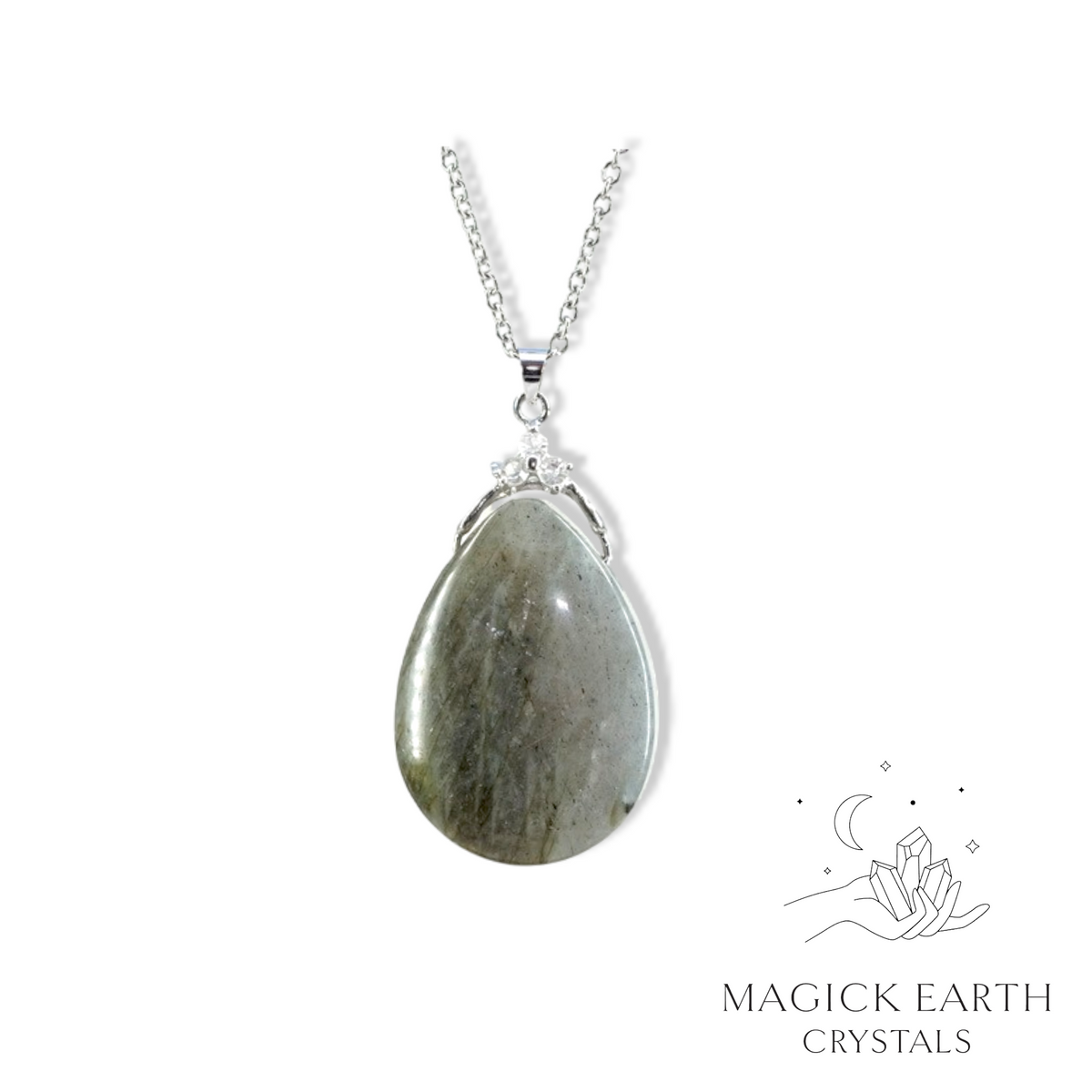 Labradorite Teardrop Pendant with Cubic Zirconia Bail and Platinum Finish