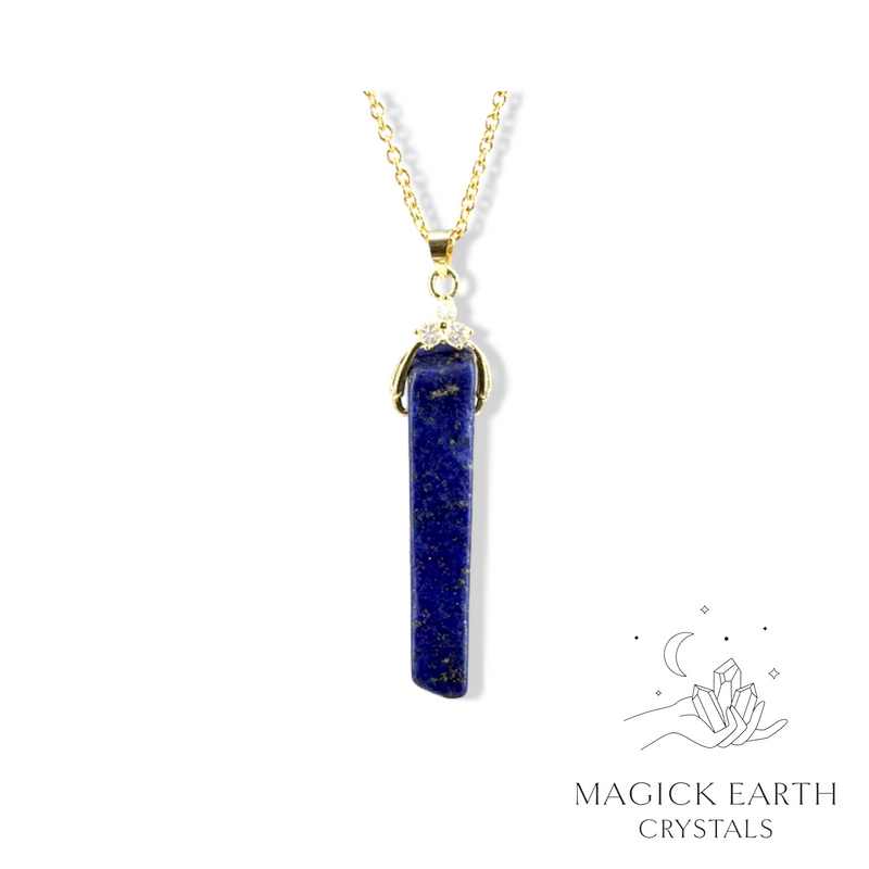 Lapis Lazuli Long Rectangle Shaped Pendant with Cubic Zirconia Bail and Gold Finish