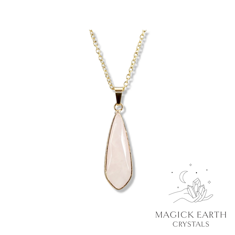 Rose Quartz faceted teardrop pendant with gold edging and finish