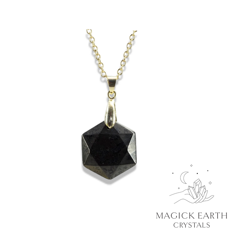 Shungite Crystal Gemstone Hexagonal Shaped Pendant with gold finish