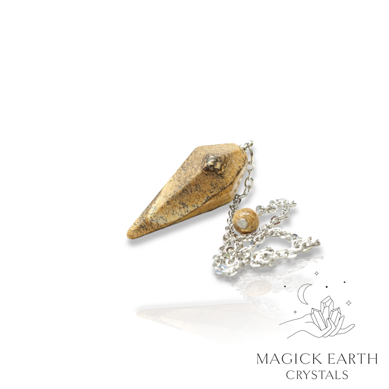 Picture Jasper Cone Shaped Crystal Gemstone Pendulum With Platinum Finish